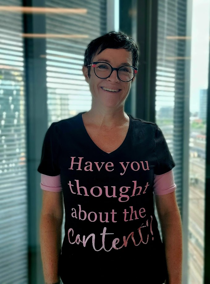 The author donning a t-shirt with the words 'Have you thought about the content?' on it.